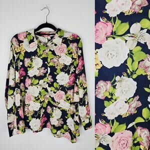 Cato Women’s XLP Floral Button Up Blouse Asymmetrical Hem Long Sleeve Career Top